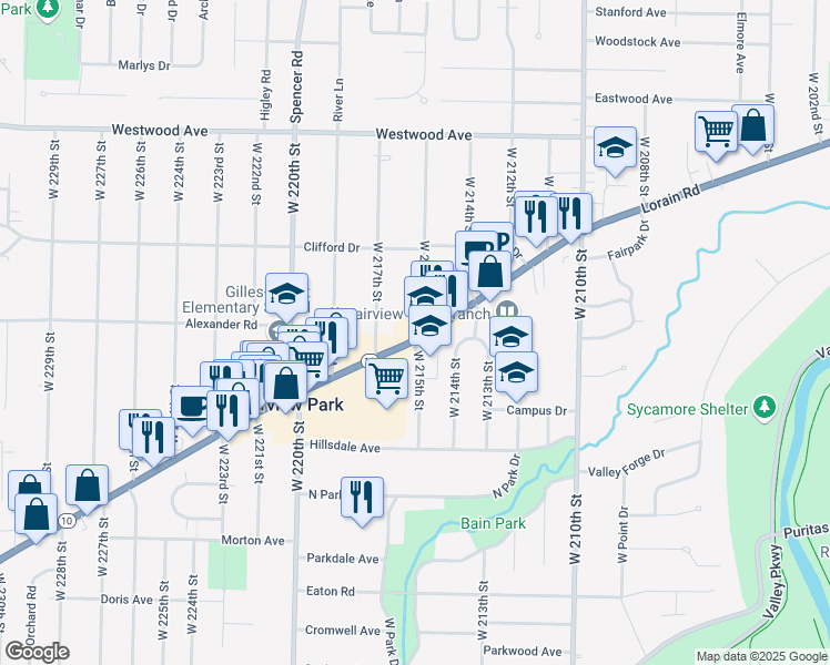 map of restaurants, bars, coffee shops, grocery stores, and more near 21510 Lorain Road in Fairview Park