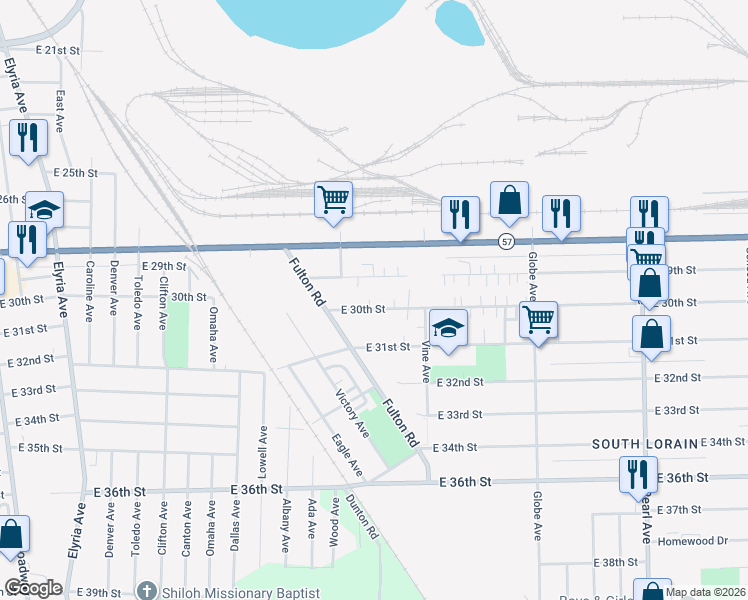 map of restaurants, bars, coffee shops, grocery stores, and more near 1537 East 30th Street in Lorain