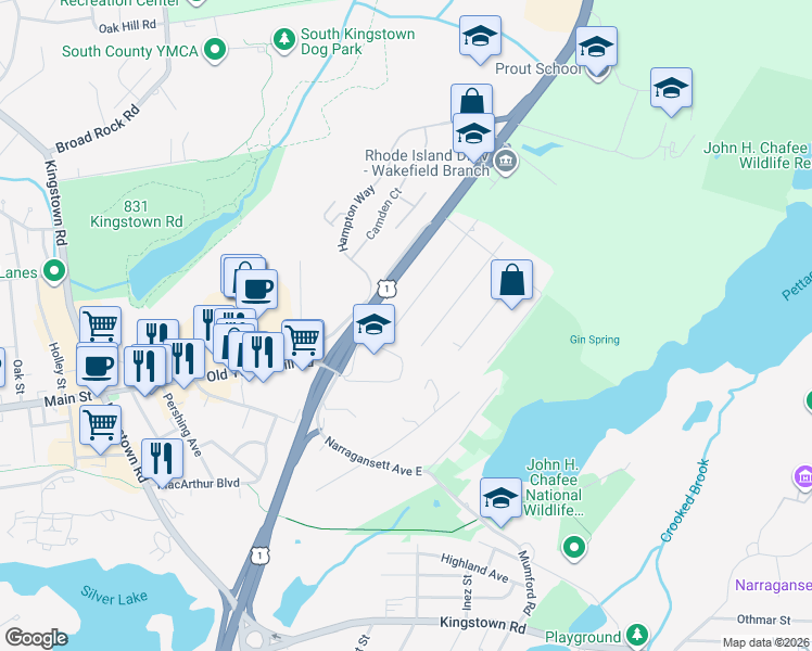 map of restaurants, bars, coffee shops, grocery stores, and more near 140 Seaview Avenue in South Kingstown