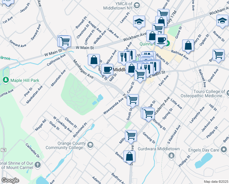 map of restaurants, bars, coffee shops, grocery stores, and more near 40 Mulberry Street in Middletown