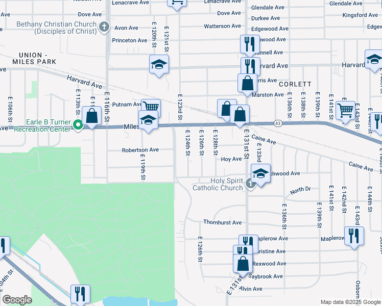 map of restaurants, bars, coffee shops, grocery stores, and more near 4261 East 124th Street in Cleveland