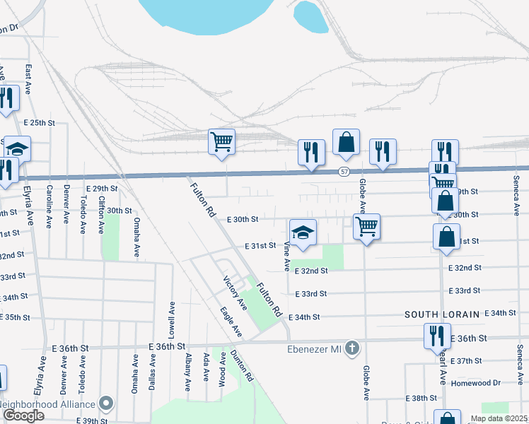 map of restaurants, bars, coffee shops, grocery stores, and more near 1537 East 30th Street in Lorain
