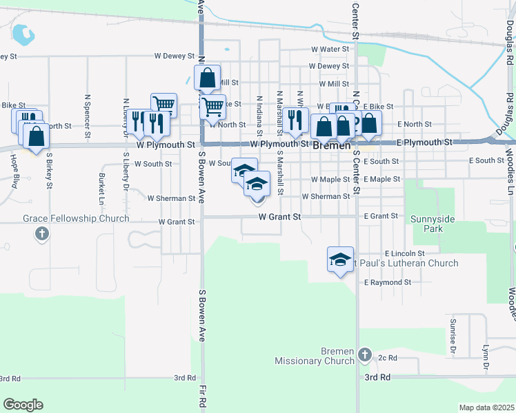 map of restaurants, bars, coffee shops, grocery stores, and more near 511 West Grant Street in Bremen