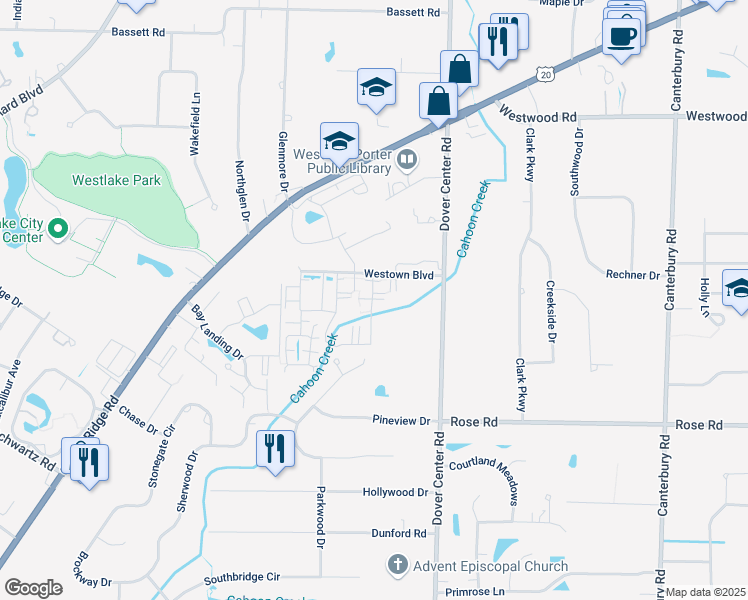 map of restaurants, bars, coffee shops, grocery stores, and more near 27229 Westown Boulevard in Westlake