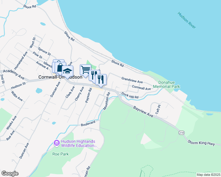 map of restaurants, bars, coffee shops, grocery stores, and more near 166 Hudson Street in Cornwall