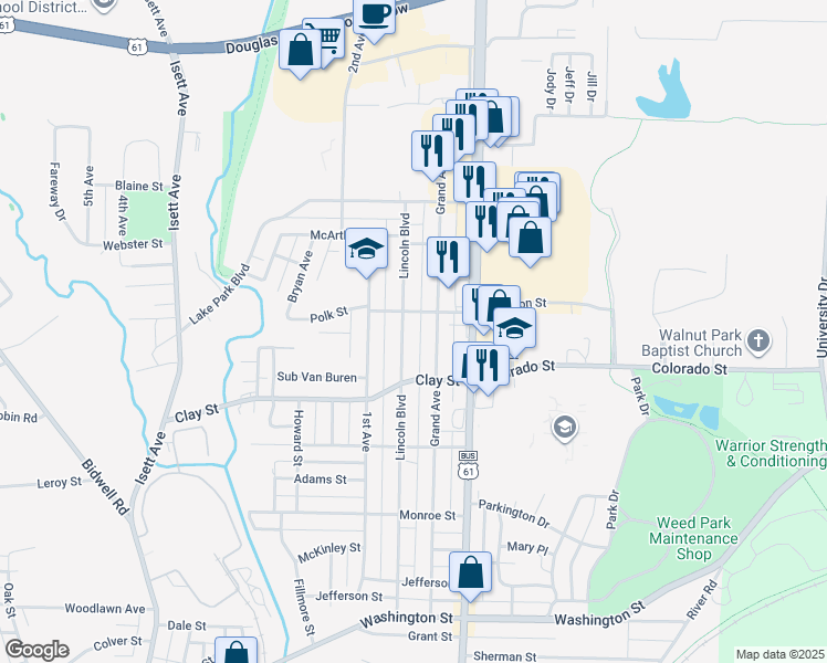 map of restaurants, bars, coffee shops, grocery stores, and more near 1608 Lincoln Boulevard in Muscatine