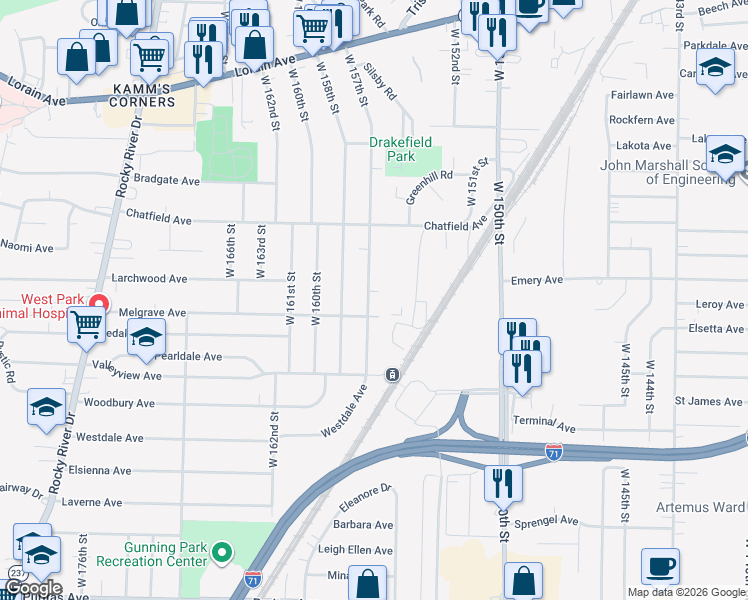 map of restaurants, bars, coffee shops, grocery stores, and more near 4081 West 157th Street in Cleveland
