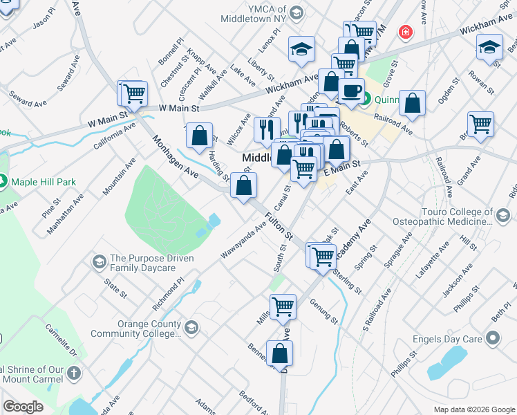 map of restaurants, bars, coffee shops, grocery stores, and more near Mulberry Street in Middletown