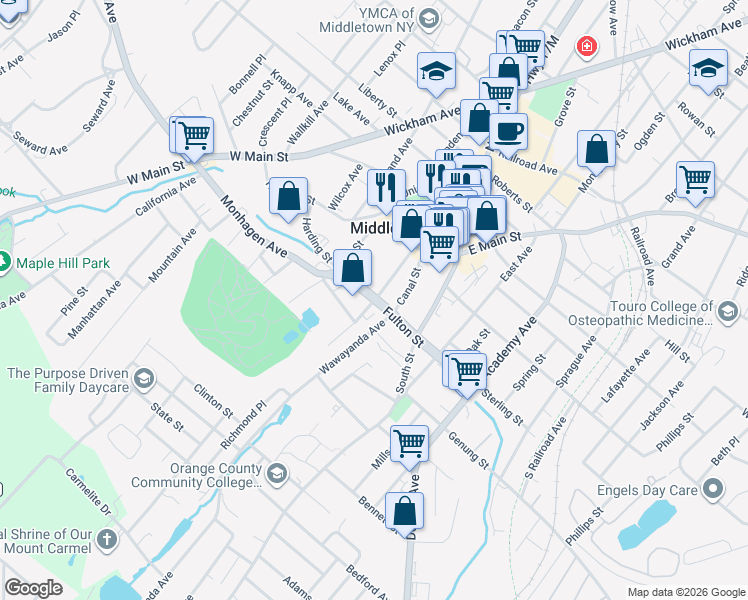 map of restaurants, bars, coffee shops, grocery stores, and more near Mulberry Street in Middletown