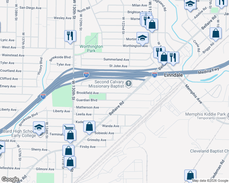 map of restaurants, bars, coffee shops, grocery stores, and more near 12308 Brookfield Avenue in Cleveland