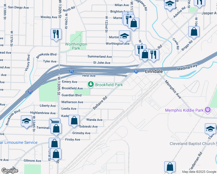 map of restaurants, bars, coffee shops, grocery stores, and more near 12104 Brookfield Avenue in Cleveland
