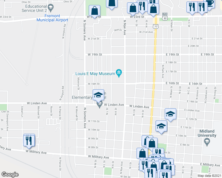 map of restaurants, bars, coffee shops, grocery stores, and more near 1505 North Colson Avenue in Fremont