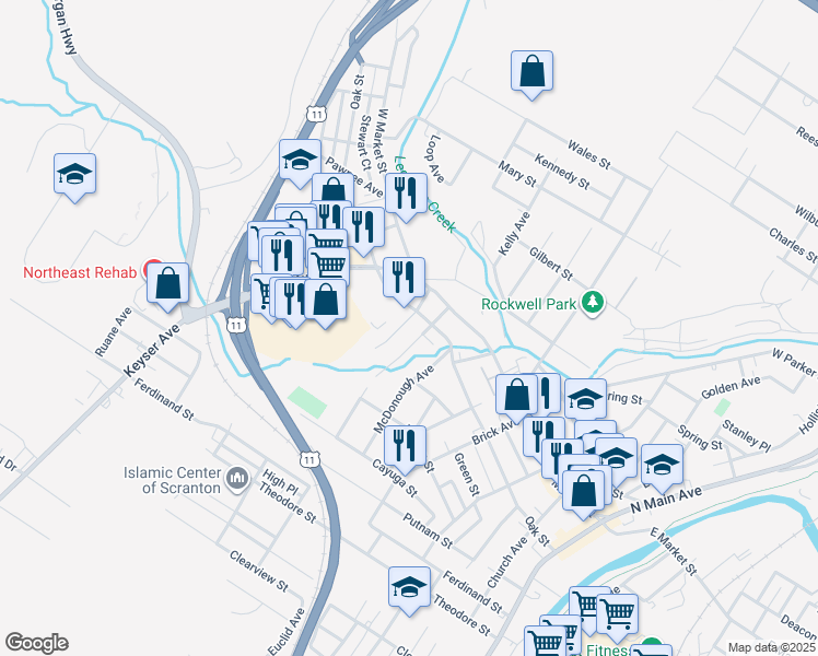 map of restaurants, bars, coffee shops, grocery stores, and more near 1831 Bloom Avenue in Scranton