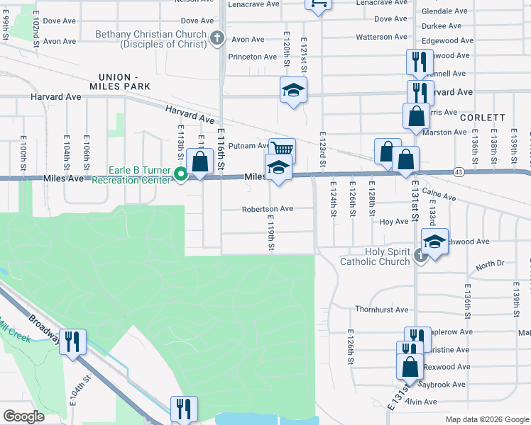 map of restaurants, bars, coffee shops, grocery stores, and more near 4260 East 119th Street in Cleveland