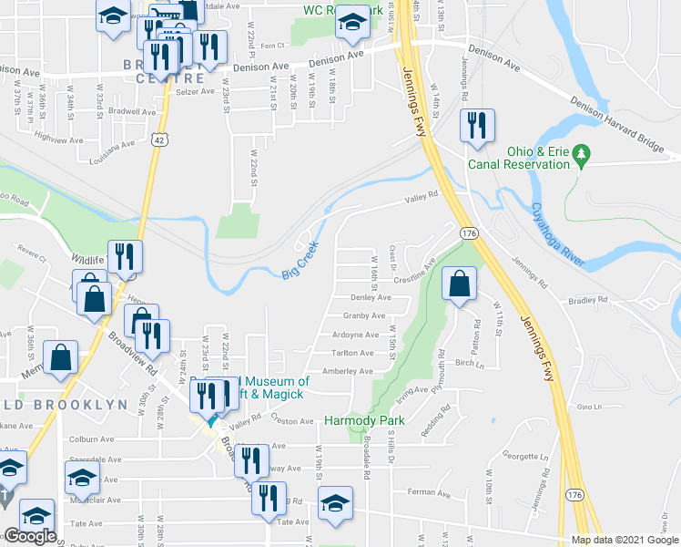 map of restaurants, bars, coffee shops, grocery stores, and more near 1628 Crestline Avenue in Cleveland