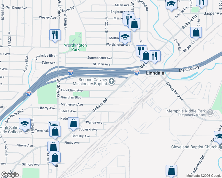 map of restaurants, bars, coffee shops, grocery stores, and more near 12104 Brookfield Avenue in Cleveland