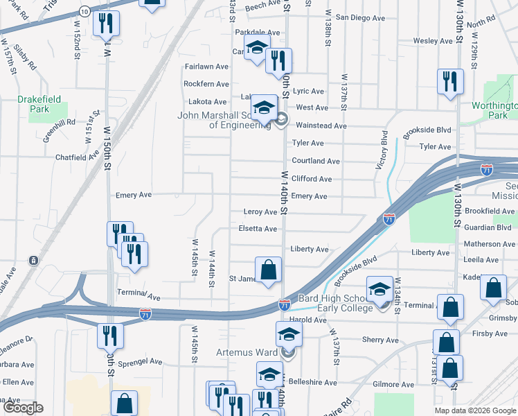map of restaurants, bars, coffee shops, grocery stores, and more near 14112 Leroy Avenue in Cleveland