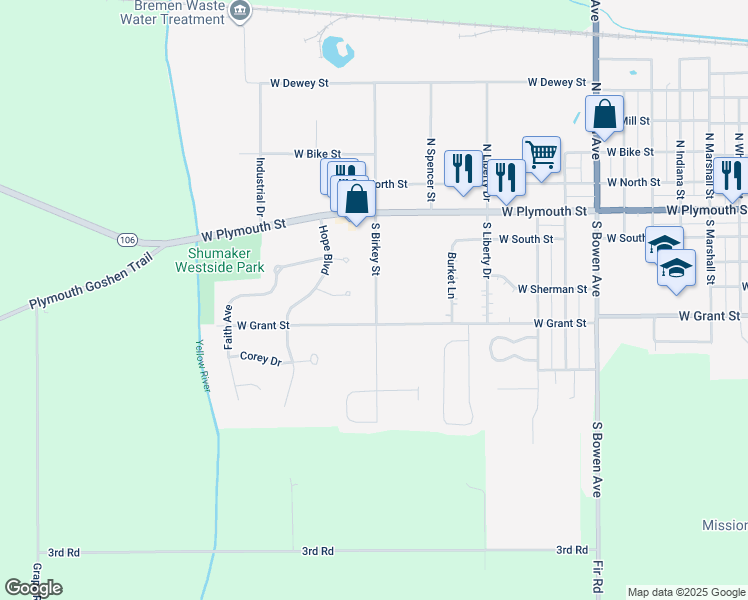 map of restaurants, bars, coffee shops, grocery stores, and more near 331 South Birkey Street in Bremen