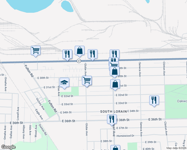 map of restaurants, bars, coffee shops, grocery stores, and more near 1725 East 30th Street in Lorain