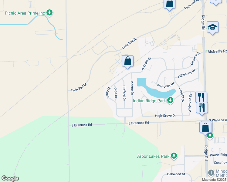 map of restaurants, bars, coffee shops, grocery stores, and more near 705 Olga Drive in Minooka