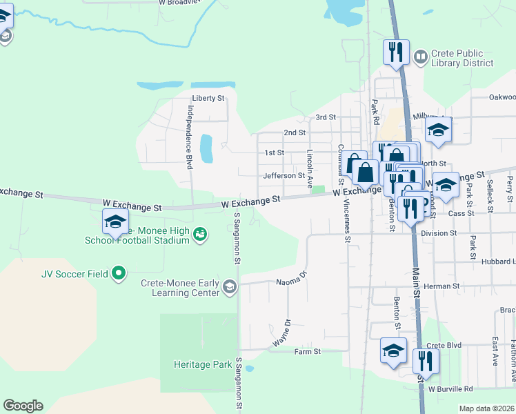 map of restaurants, bars, coffee shops, grocery stores, and more near 714 West Exchange Street in Crete