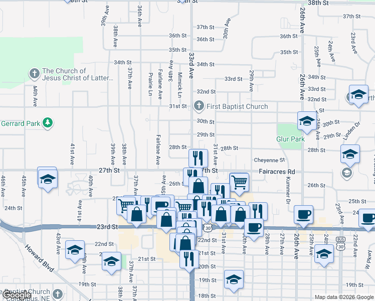 map of restaurants, bars, coffee shops, grocery stores, and more near 2741-2785 33rd Ave in Columbus