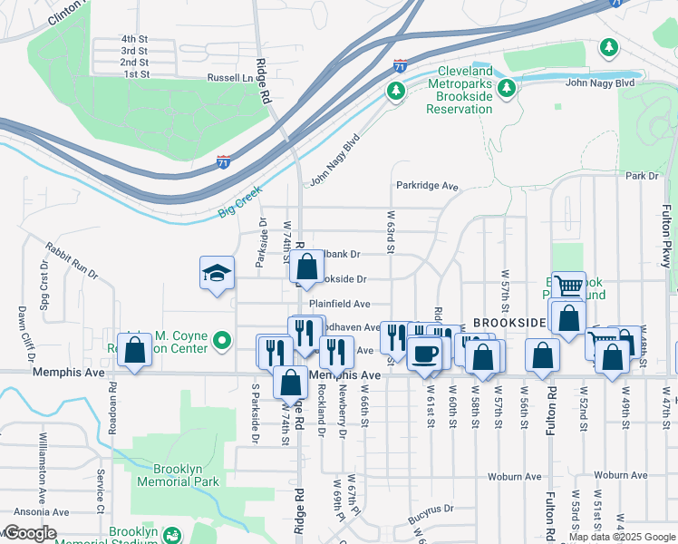 map of restaurants, bars, coffee shops, grocery stores, and more near 6808 Brookside Drive in Cleveland