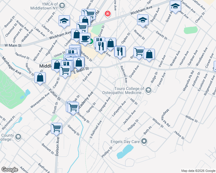 map of restaurants, bars, coffee shops, grocery stores, and more near 16 Grant Street in Middletown