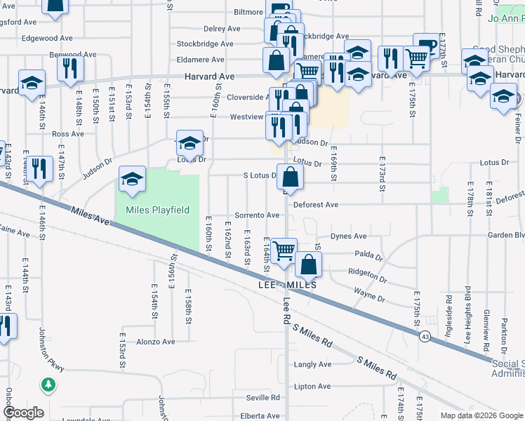 map of restaurants, bars, coffee shops, grocery stores, and more near 4265 East 163rd Street in Cleveland