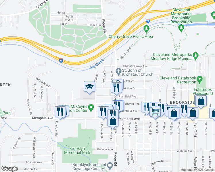 map of restaurants, bars, coffee shops, grocery stores, and more near 7418 Brookside Drive in Brooklyn