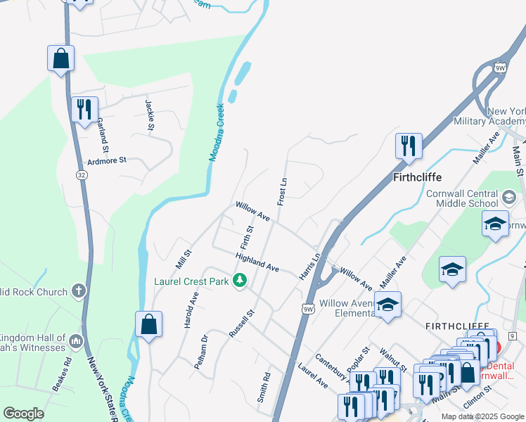 map of restaurants, bars, coffee shops, grocery stores, and more near 196 Willow Avenue in Cornwall