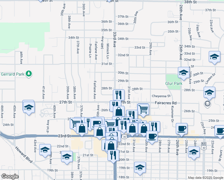 map of restaurants, bars, coffee shops, grocery stores, and more near 2741-2785 33rd Ave in Columbus