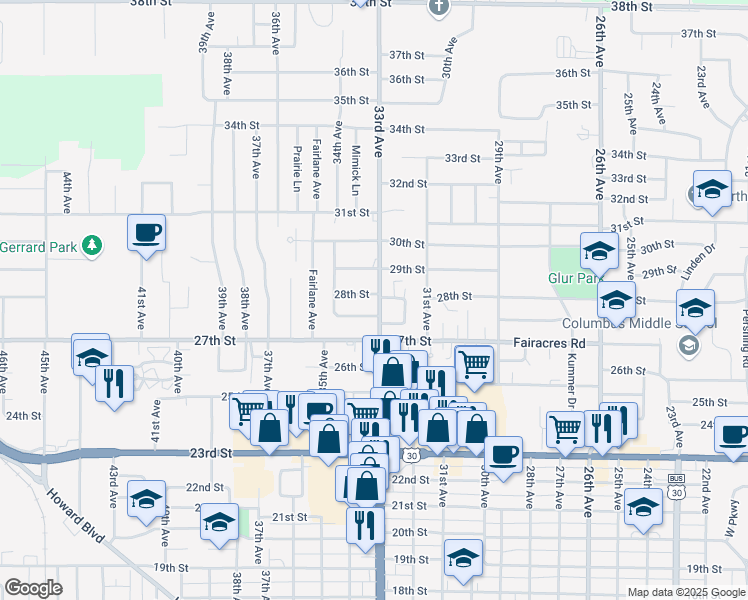 map of restaurants, bars, coffee shops, grocery stores, and more near 2741-2785 33rd Ave in Columbus