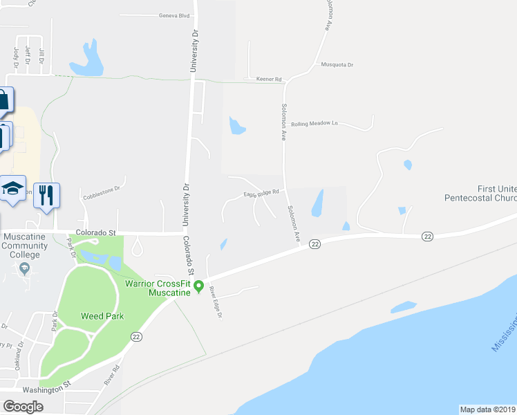 map of restaurants, bars, coffee shops, grocery stores, and more near 113 Eagle Watch Road in Muscatine