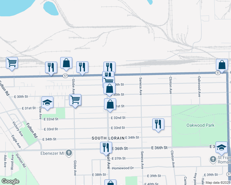 map of restaurants, bars, coffee shops, grocery stores, and more near 1821 East 30th Street in Lorain