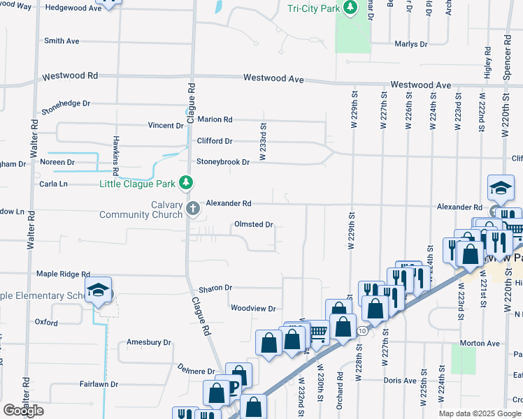 map of restaurants, bars, coffee shops, grocery stores, and more near 23303 Alexander Road in North Olmsted