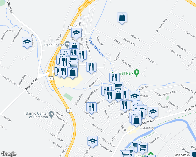 map of restaurants, bars, coffee shops, grocery stores, and more near Oak Street in Scranton