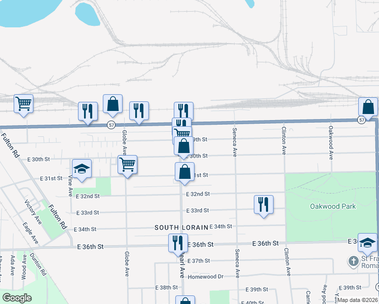 map of restaurants, bars, coffee shops, grocery stores, and more near 1822 East 30th Street in Lorain