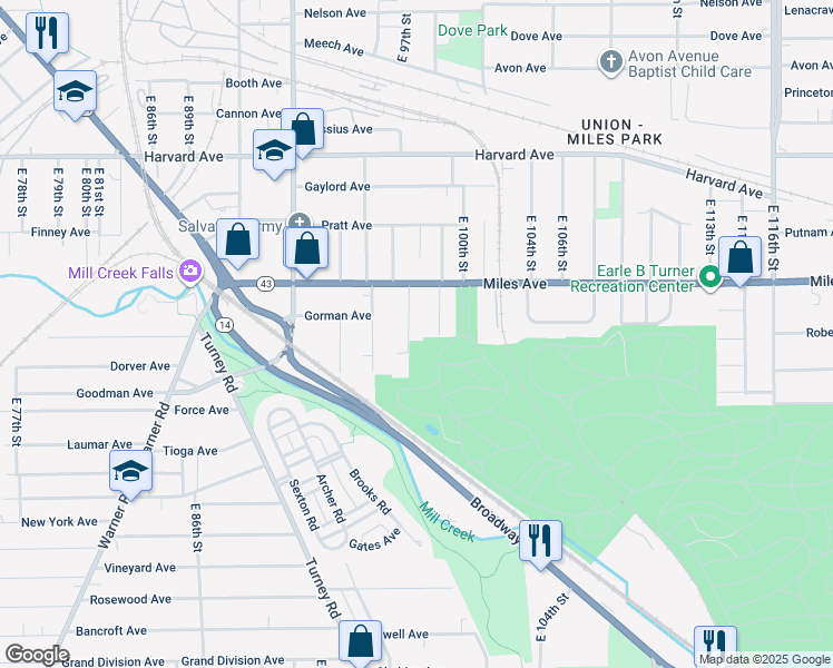 map of restaurants, bars, coffee shops, grocery stores, and more near 4253 East 98th Street in Cleveland