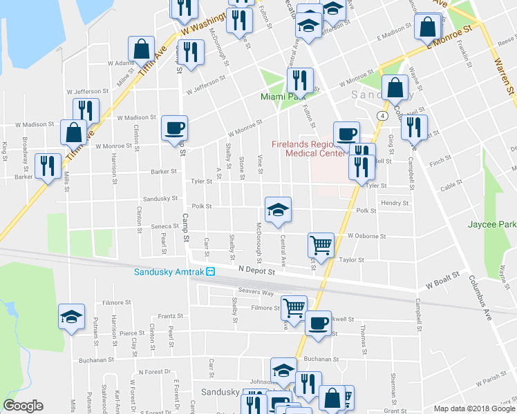 map of restaurants, bars, coffee shops, grocery stores, and more near 1401 McDonough Street in Sandusky