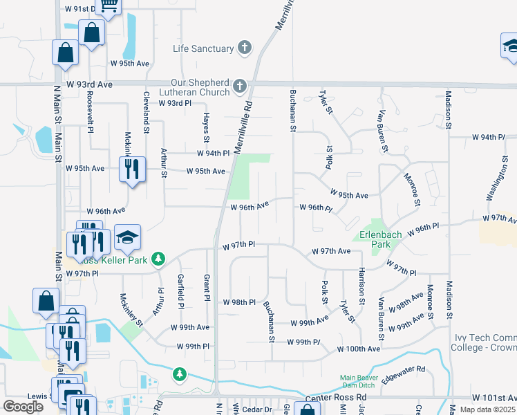map of restaurants, bars, coffee shops, grocery stores, and more near 9600 Johnson Street in Crown Point