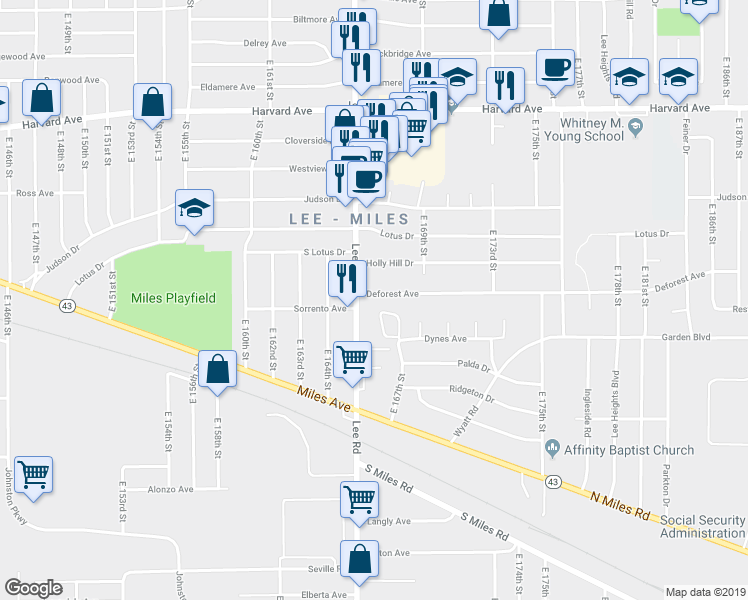 map of restaurants, bars, coffee shops, grocery stores, and more near 4255 Lee Road in Cleveland