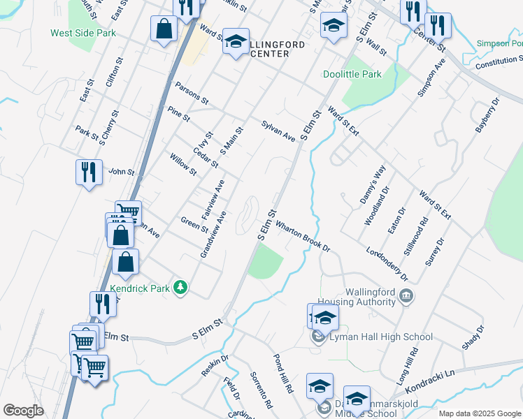 map of restaurants, bars, coffee shops, grocery stores, and more near 307 South Elm Street in Wallingford