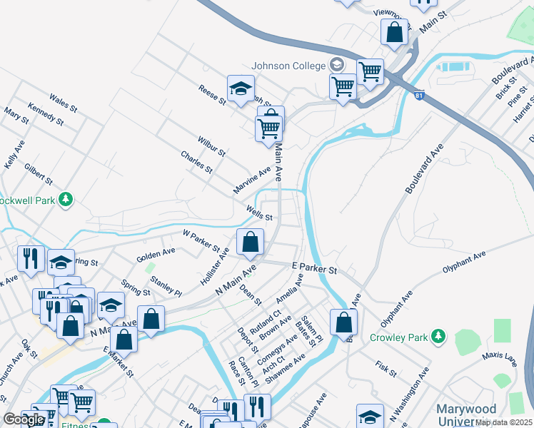 map of restaurants, bars, coffee shops, grocery stores, and more near 101-105 Wells Street in Scranton
