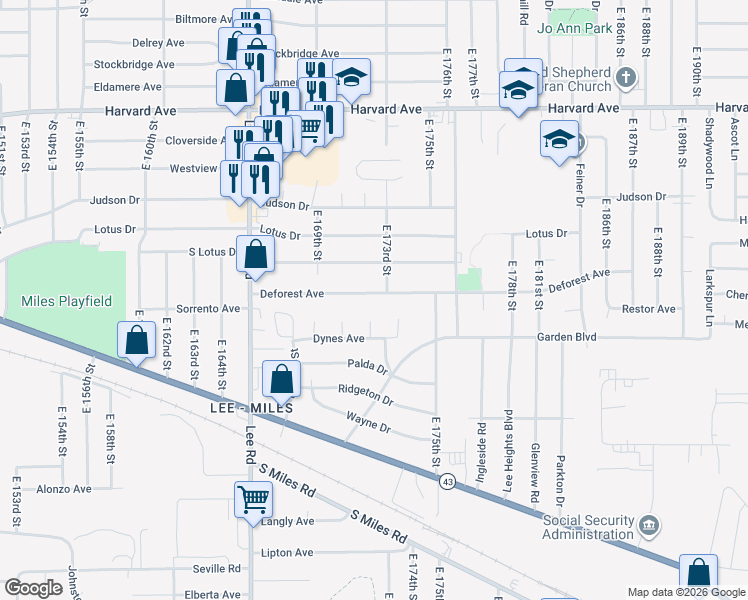 map of restaurants, bars, coffee shops, grocery stores, and more near 17206 Deforest Avenue in Cleveland