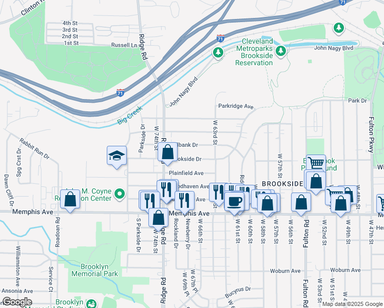 map of restaurants, bars, coffee shops, grocery stores, and more near 6808 Brookside Drive in Cleveland