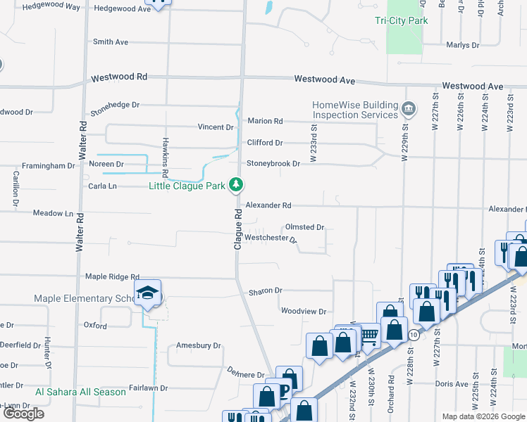 map of restaurants, bars, coffee shops, grocery stores, and more near 23559 Alexander Road in North Olmsted