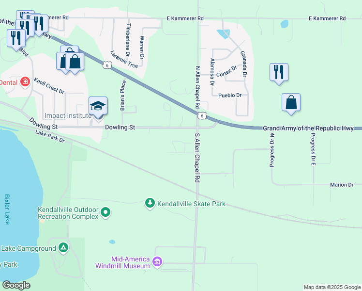 map of restaurants, bars, coffee shops, grocery stores, and more near 1985 Deerfield Lane in Kendallville