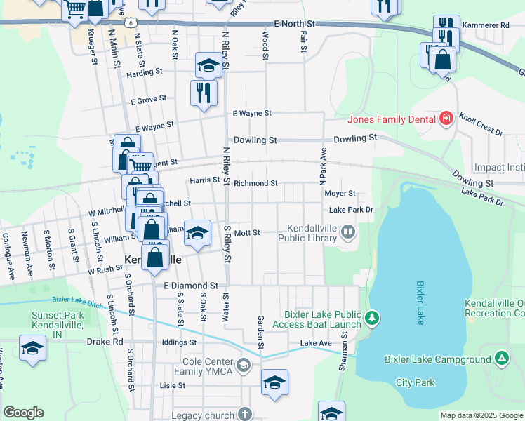 map of restaurants, bars, coffee shops, grocery stores, and more near 612 East Mitchell Street in Kendallville