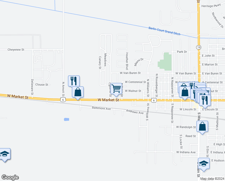 map of restaurants, bars, coffee shops, grocery stores, and more near 1004 W Market St in Nappanee